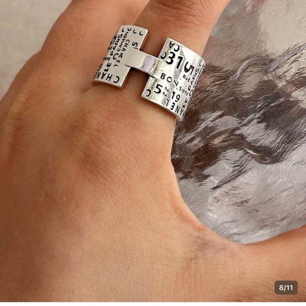 New Size 8 French Inspired Ring with letters and numbers. Silver-tone Statement